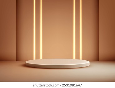 A minimalist 3D circular platform illuminated by warm vertical beams of light, ideal for luxury product displays, mockups, and showrooms Neutral background