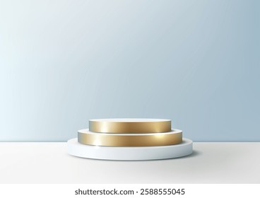 minimalist 3d circular podium with a shimmering gold top tier and solid white base pale blue backdrop, luxury product displays, award ceremonies, or modern showroom presentations