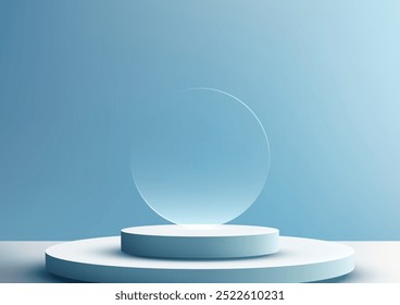 Pódio circular 3D minimalista com um círculo pairando transparente é perfeito para exposições de produtos e vitrines de prêmios. O design elegante e o plano de fundo azul suave adicionam um moderno e elegante