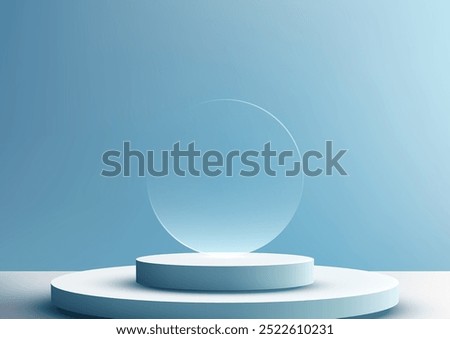 Minimalist 3D circular podium with a transparent hovering circle is perfect for product displays and award showcases. The sleek design and soft blue background add a modern, elegant