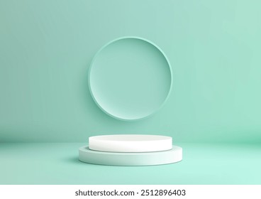 Pódio Branco Circular 3D Minimalista com Quadro Circular no Fundo Verde da Casa da Moeda Ideal para Exibição de Produto Mockup Showroom Decor