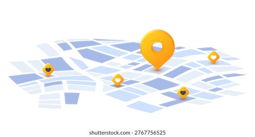 Minimalist 3D City Map with Location Pin and Heart Markers