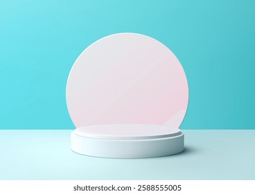 minimalist 3d composition featuring a light pink circle on a white pedestal against a soft blue background, perfect for modern product display, mockups, and creative presentations