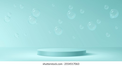 Minimalist 3d composition with turquoise circular podium with floating transparent soap bubbles scattered on mint gradient background. Clean, fresh product presentations or bath cosmetics display.