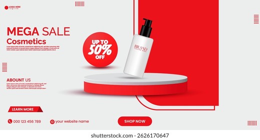 A minimalist 3D cosmetics product mockup design template on an isolated background. A realistic promotional product sale red banner design vector. Abstract product sale display presentation background