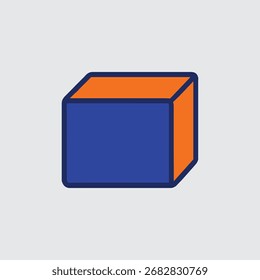A minimalist 3D cube with blue front and orange top and side faces, outlined in dark blue against a light gray background.
