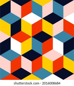 Minimalist 3D cube geometric artwork poster full of colors with simple shapes and figures.  Vector pattern design in Scandinavian style for web banners, business presentations, branding, wallpaper
