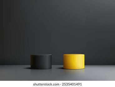 Minimalist 3D design black and yellow cylindrical podium standing on a reflective gray surface. Modern composition is perfect for product display and mockup purposes