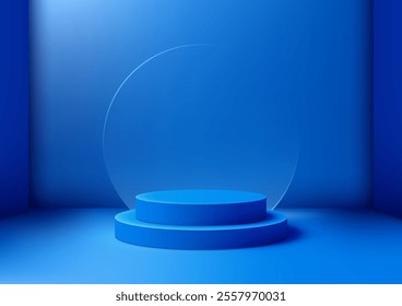 Minimalist 3D design of a blue podium with a transparent circle on a gradient blue background. Product mockups, branding displays, showroom presentations