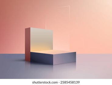 minimalist 3d design featuring a pink to gold gradient backdrop, a rose gold geometric block, and a reflective surface with soft shadows, perfect for modern product displays and mockups