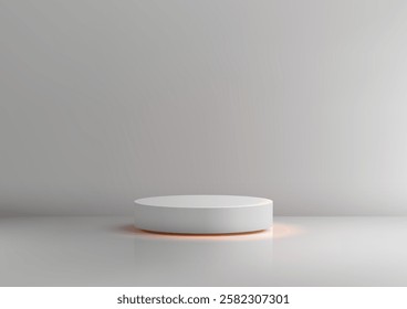 Minimalist 3d design featuring a white cylindrical pedestal on a soft grey backdrop, enhanced by a warm orange glow and clean lines, perfect for product displays or creative mockups