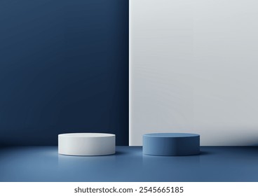 Minimalist 3D design showcasing two cylindrical podiums in white and blue hues on a reflective blue surface with a gradient wall backdrop. Mockups, branding, and product displays