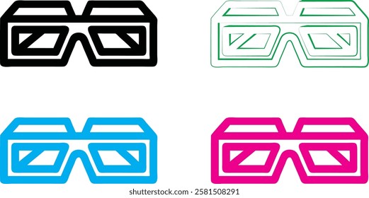 Minimalist 3D glasses icons, neon outlines, vibrant colors, black cyan magenta green, geometric shapes, retro tech aesthetic, simple vector graphics, playful design elements, pop art style, futuristic