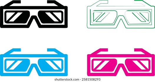 Minimalist 3D glasses icons, neon outlines, vibrant colors, black cyan magenta green, geometric shapes, retro tech aesthetic, simple vector graphics, playful design elements, pop art style, futuristic