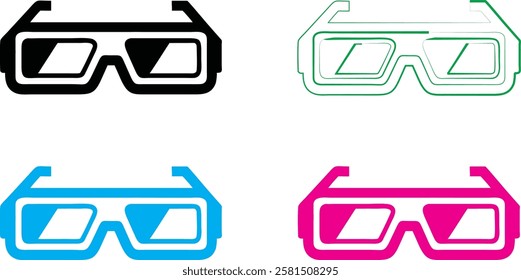 Minimalist 3D glasses icons, neon outlines, vibrant colors, black cyan magenta green, geometric shapes, retro tech aesthetic, simple vector graphics, playful design elements, pop art style, futuristic