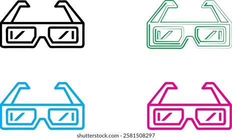 Minimalist 3D glasses icons, neon outlines, vibrant colors, black cyan magenta green, geometric shapes, retro tech aesthetic, simple vector graphics, playful design elements, pop art style, futuristic