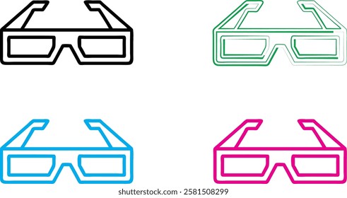 Minimalist 3D glasses icons, neon outlines, vibrant colors, black cyan magenta green, geometric shapes, retro tech aesthetic, simple vector graphics, playful design elements, pop art style, futuristic