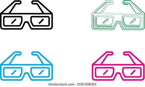 Minimalist 3D glasses icons, neon outlines, vibrant colors, black cyan magenta green, geometric shapes, retro tech aesthetic, simple vector graphics, playful design elements, pop art style, futuristic