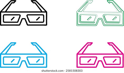 Minimalist 3D glasses icons, neon outlines, vibrant colors, black cyan magenta green, geometric shapes, retro tech aesthetic, simple vector graphics, playful design elements, pop art style, futuristic