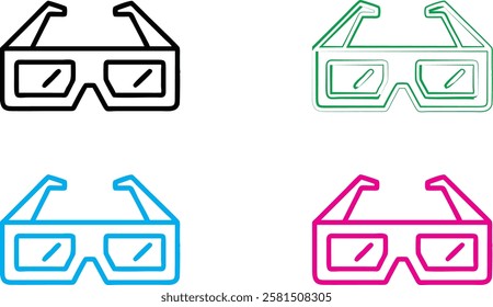 Minimalist 3D glasses icons, neon outlines, vibrant colors, black cyan magenta green, geometric shapes, retro tech aesthetic, simple vector graphics, playful design elements, pop art style, futuristic