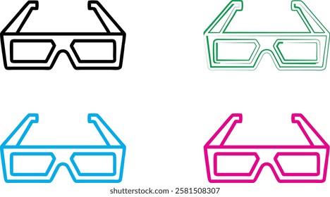 Minimalist 3D glasses icons, neon outlines, vibrant colors, black cyan magenta green, geometric shapes, retro tech aesthetic, simple vector graphics, playful design elements, pop art style, futuristic