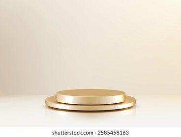 minimalist 3d golden podium stage with a soft warm glow, showcasing products or designs in a modern showroom. luxury branding, presentations, or award ceremonies