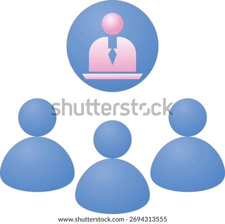 A minimalist 3D illustration featuring a group of stylized figures. A central figure, distinguished by a tie, is positioned above three other figures, symbolizing leadership and collaboration.