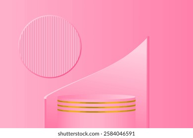 Minimalist 3D illustration with pink background, line patterned circle elements, and cylindrical podium with gold accents and curved glass panels.
