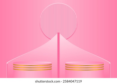 Minimalist 3D illustration with pink background, line patterned circle elements, and two cylindrical podiums with gold accents and curved glass panels.

