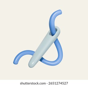 Minimalist 3D illustration of a sewing needle being threaded with blue yarn on a light background, cartoon style.