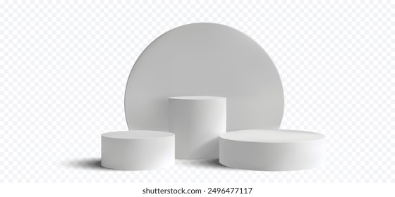 Eine minimalistische 3D-Illustration von drei weißen zylindrischen Podien unterschiedlicher Höhe, einzeln auf transparentem Hintergrund. Ideal für Produktpräsentationen, Präsentationen und Präsentationsdesigns.