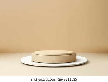 minimalista 3d luz bege pódio em uma base circular branca, maquetes de produto ou elegantes monitores. Fundo monocromático neutro, apresentações modernas e vitrines de luxo
