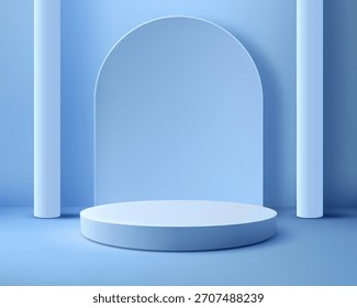 minimalista estúdio 3D luz azul com pódio redondo e dois cilindros. Este fundo geométrico abstrato para a exposição elegante do produto ou maquete cosmética para e-commerce e publicidade