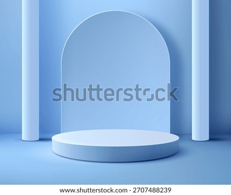 minimalist 3D light blue studio with round podium and two cylinders. This abstract geometric background for elegant product display or cosmetic mockup for e-commerce and advertising
