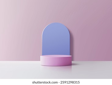 minimalist 3d light pink cylindrical podium on a white surface, paired with a light blue arch backdrop against a soft pink wall. product display, branding, and advertising in a modern, elegant style