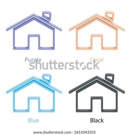 Minimalist 3d line icon set with the Home symbol. Color variants: purple, coral, blue and black. The icons are perfect for UI, apps, websites, presentations. Clean lines and soft plasticity.