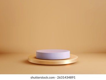Minimalist 3d luxury podium mockup featuring a light purple cylindrical stand on a shiny gold base, elegant product displays, presentations, or showroom concepts with a soft brown neutral backdrop
