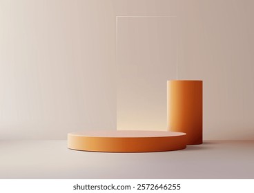 A minimalist 3D mockup featuring orange podiums, a transparent glass backdrop, and a soft beige background. Product displays, showroom designs, or modern branding visuals.