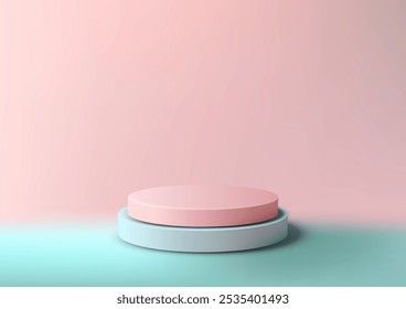 Maqueta 3D minimalista muestra dos plataformas circulares apiladas en rosa pastel y azul sobre un fondo rosa suave. Perfecto para exhibiciones de productos modernos, salas de exposición