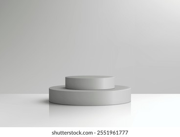 Minimalist 3D mockup two stacked gray circular platforms on a clean white background. Product displays, showroom designs, or elegant promotional presentations