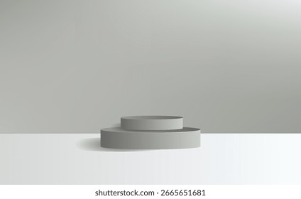 Minimalista 3D mockup duas plataformas circulares cinza empilhadas em um fundo branco limpo. Monitores de produtos.