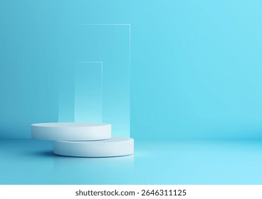 minimalist 3d modern concept featuring white cylindrical platforms on a reflective blue surface with translucent panels, product display, mockup, or tech branding in a sleek futuristic style