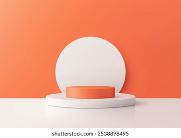 Exposição de pódio laranja 3D minimalista contra uma base branca limpa com fundo circular. Modelos modernos de produtos, marcas elegantes e telas criativas de showroom