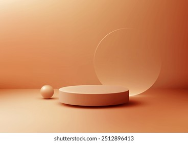 Minimalist 3D Orange Podium with Transparent Glass Circle and Sphere on Warm Orange Background for Product Display Mockup Showcase and Showroom