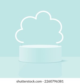 Minimalist 3D Pastel Blue Vector Composition with a Low Cylindrical Podium and a White Neon Cloud in the Background, ideal for Product Presentation. Simple Geometric Mokup Product Display.Round Stage.