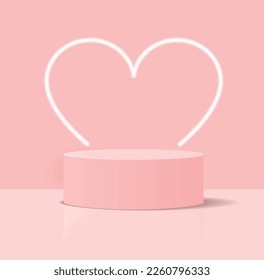 Minimalist 3D Pastel Pink Vector Composition with a Low Cylindrical Podium and a Neon Heart in the Background, ideal for Product Presentation. Simple Geometric Mokup Product Display. Round Stage.