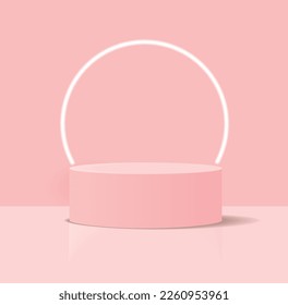 Composición minimalista de vectores rosados 3D pastoral con un podio cilíndrico bajo y un círculo neón en el fondo, ideal para la presentación del producto. Pantalla De Producto Geométrica Simple. Etapa redonda.