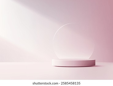 minimalist 3d pink podium with a glossy finish, perfect for showcasing products or designs. features a transparent circular element and soft gradient lighting for a modern aesthetic