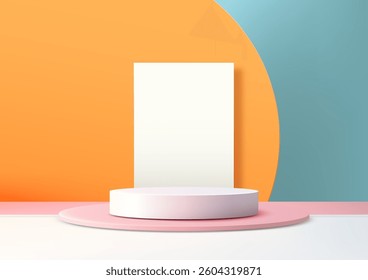 minimalist 3d pink podium on a white circular base, set against vibrant orange and blue curved backgrounds, perfect for modern product display, mockup, or showroom concepts