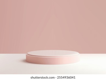 Minimalist 3D pink podium set on a white floor with a soft pastel pink background. Product display, mockups, showroom branding and creative visuals 